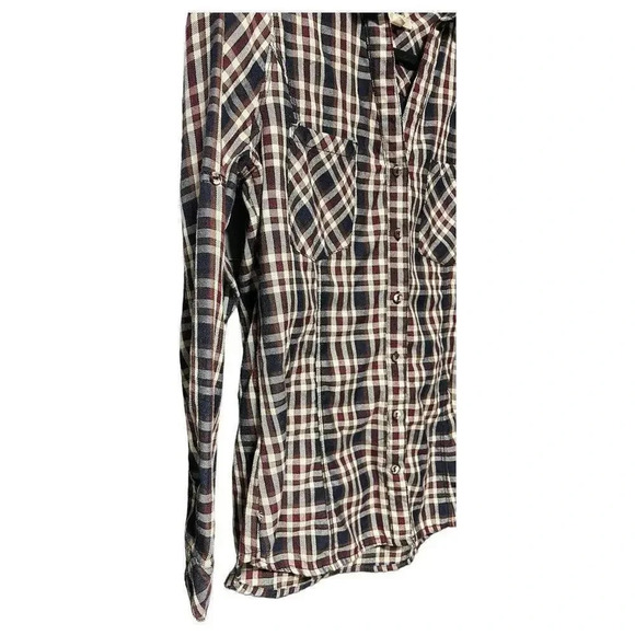 Skies Are Blue‎ Women's V-Neck Maroon Navy Plaid Shirt Roll Tab Sleeve Size M - Picture 2 of 11